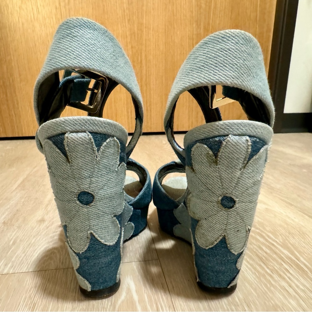 Roger Vivier Denim Floral Wedge Platform Sandals - Picture 6 of 11